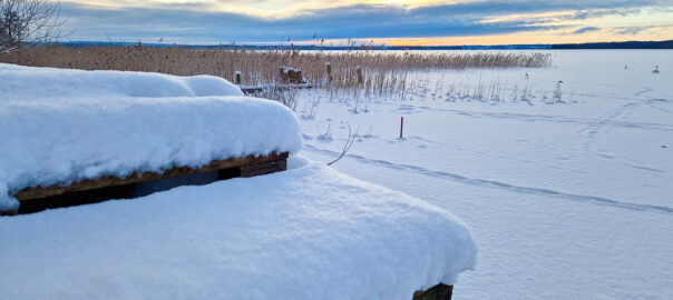 Badbryggan nedanför Orupsberget, med den is- och snöbeklädda Sätoftasjön i bakgrunden. Foto: Richard Nilsson